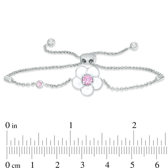 Lab-Created Pink Sapphire with White Enamel Plumeria Bolo Bracelet in Sterling Silver - 9"