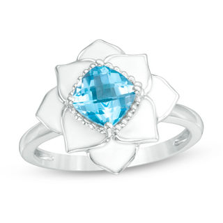 Cushion-Cut Swiss Blue Topaz with White Enamel Lotus Ring in Sterling Silver