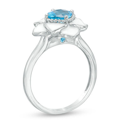 Cushion-Cut Swiss Blue Topaz with White Enamel Lotus Ring in Sterling Silver