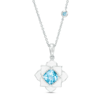 Cushion-Cut Swiss Blue Topaz with White Enamel Lotus Pendant in Sterling Silver