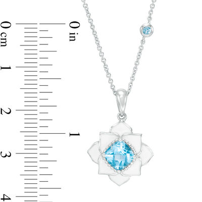 Cushion-Cut Swiss Blue Topaz with White Enamel Lotus Pendant in Sterling Silver