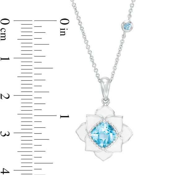 Cushion-Cut Swiss Blue Topaz with White Enamel Lotus Pendant in Sterling Silver