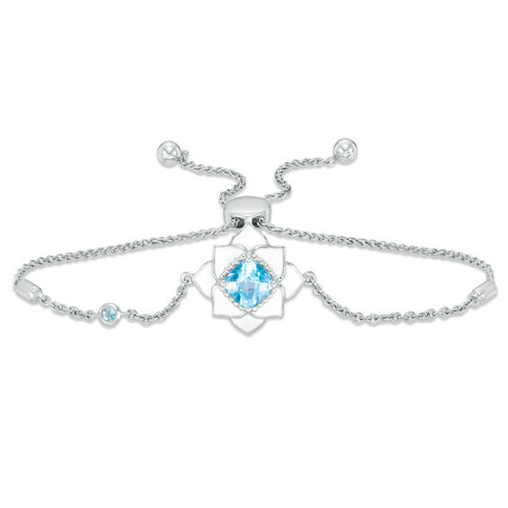 Cushion-Cut Swiss Blue Topaz with White Enamel Lotus Bolo Bracelet in Sterling Silver - 9"