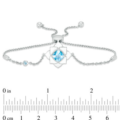 Cushion-Cut Swiss Blue Topaz with White Enamel Lotus Bolo Bracelet in Sterling Silver - 9"