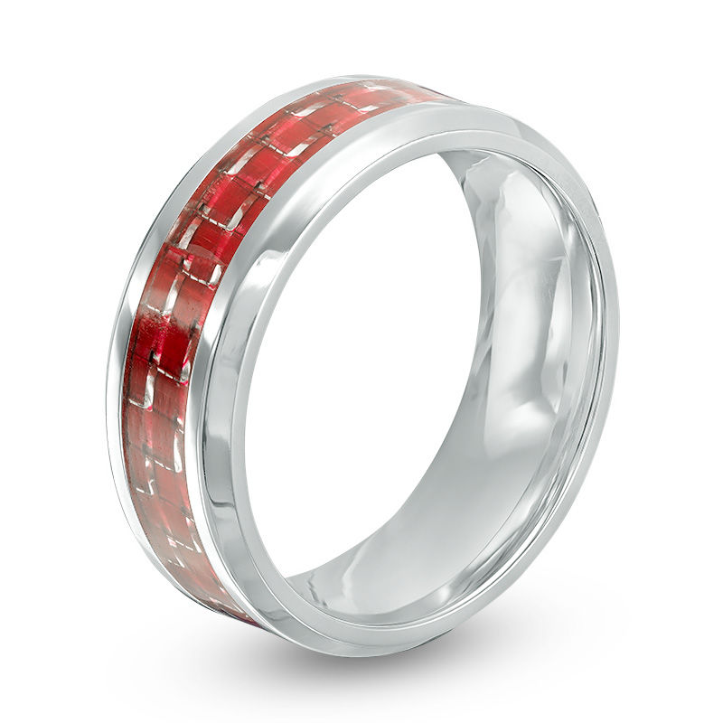 Men's 8.0mm Red Carbon Fibre Comfort Fit Wedding Band in Stainless Steel - Size 10