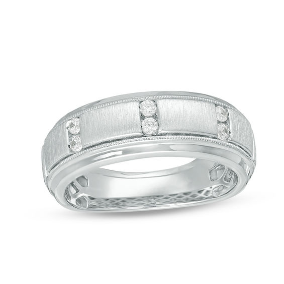 Men's 0.15 CT. T.W. Diamond Three Station Vintage-Style Wedding Band in 10K White Gold - Size 10