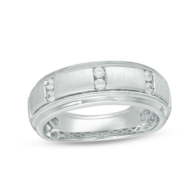 Men's 0.15 CT. T.W. Diamond Three Station Vintage-Style Wedding Band in 10K White Gold - Size 10|Peoples Jewellers