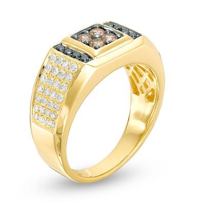 Men's 1.00 CT. T.W. Enhanced Black, Champagne and White Diamond Signet Ring in 10K Gold