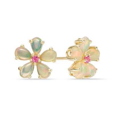 Pear-Shaped Opal and Tanzanite Flower Stud Earrings in 10K Gold