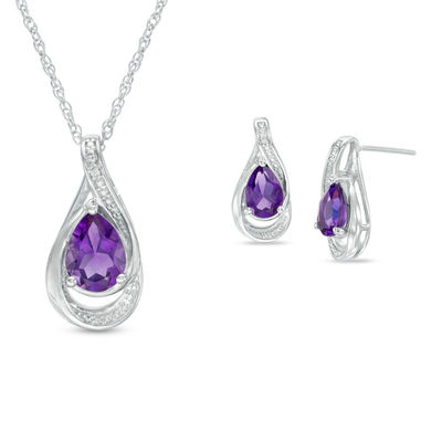 Amethyst and Lab-Created White Sapphire Teardrop Swirl Frame Pendant and Drop Earrings Set in Sterling Silver