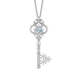 Enchanted Disney Elsa 5.0mm Aquamarine and 0.085 CT. T.W. Diamond Key Pendant in Sterling Silver - 19&quot;