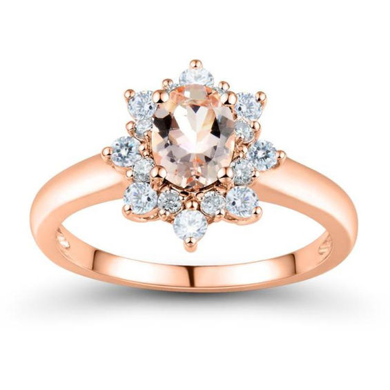 Oval Morganite and Lab-Created White Sapphire Sunburst Frame Ring in 10K Rose Gold