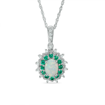 Oval Lab-Created Opal, Emerald and White Sapphire Floral Pendant in Sterling Silver