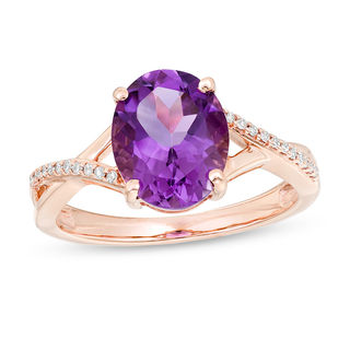 Oval Amethyst and 0.05 CT. T.W. Diamond Twist Shank Ring in 10K Rose Gold