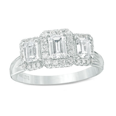 Vera Wang Love Collection 1.30 CT. T.W. Emerald-Cut Diamond Three Stone Frame Engagement Ring in 14K White Gold