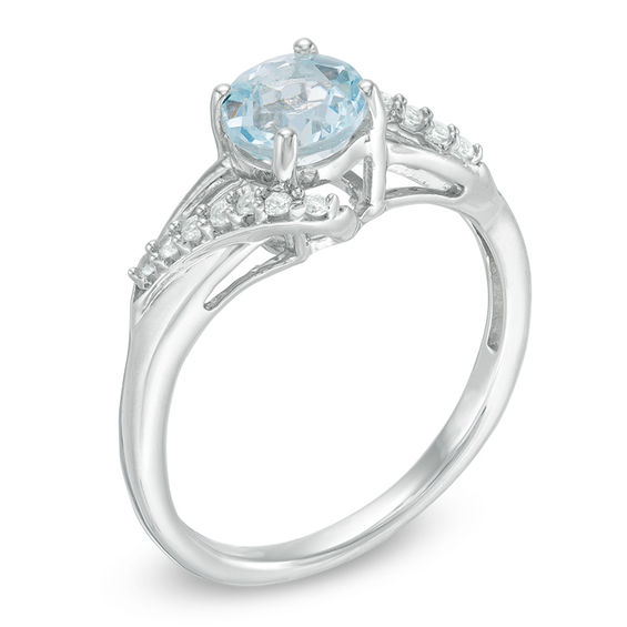 6.0mm Aquamarine and 0.09 CT. T.W. Diamond Bypass Split Shank Ring in 10K White Gold