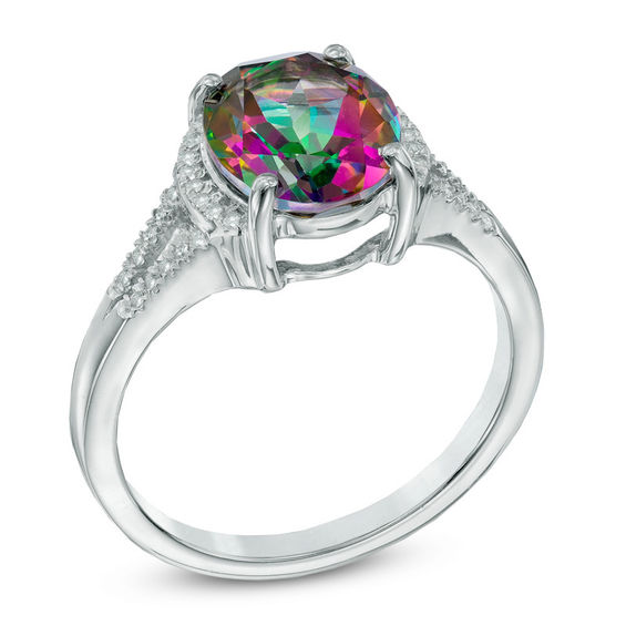 Oval Mystic Fire® Topaz and Lab-Created White Sapphire Ring in Sterling Silver