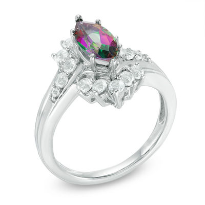 Marquise-Cut Mystic Fire® Topaz and Lab-Created White Sapphire Starburst Frame Bypass Ring in Sterling Silver