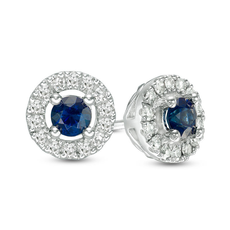 Vera Wang Love Collection Blue Sapphire and 0.15 CT. T.W. Diamond Frame Stud Earrings in Sterling Silver|Peoples Jewellers