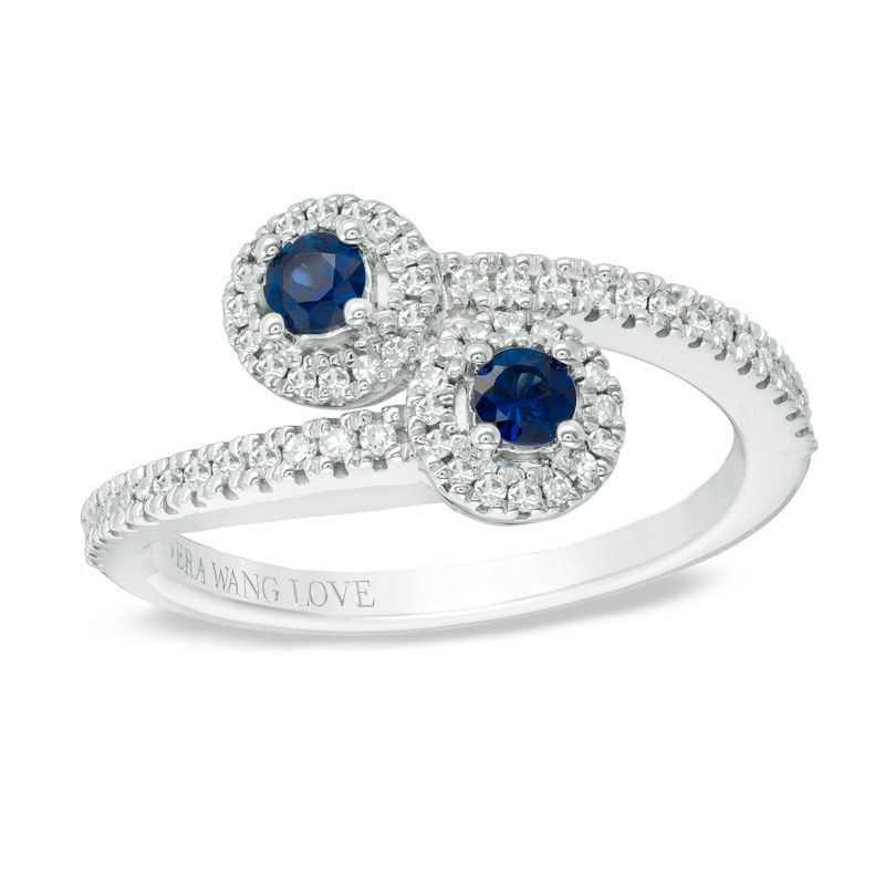 Vera Wang Love Collection Blue Sapphire and 0.18 CT. T.W. Diamond Bypass Ring in Sterling Silver