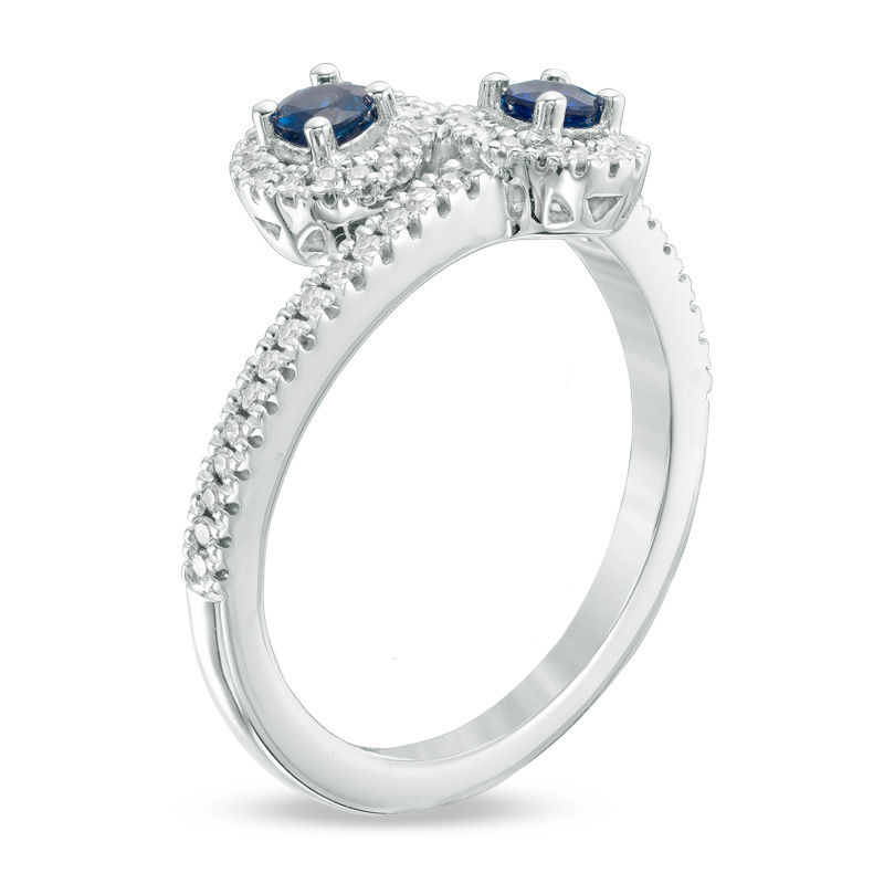 Vera Wang Love Collection Blue Sapphire and 0.18 CT. T.W. Diamond Bypass Ring in Sterling Silver|Peoples Jewellers