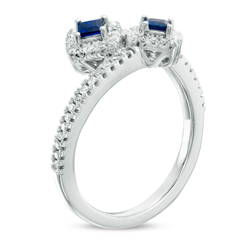 Vera Wang Love Collection Princess-Cut Blue Sapphire and 0.18 CT. T.W. Diamond Bypass Ring in Sterling Silver