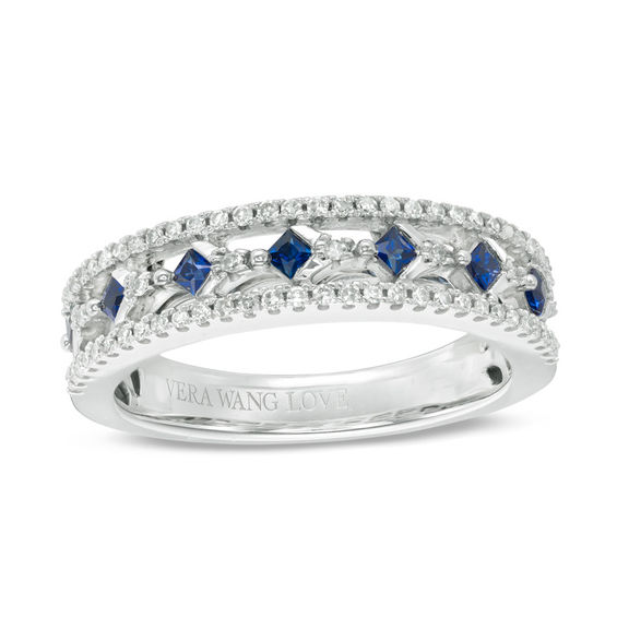 Vera Wang Love Collection Princess-Cut Blue Sapphire and 0.18 CT. T.W. Diamond Band in 14K White Gold