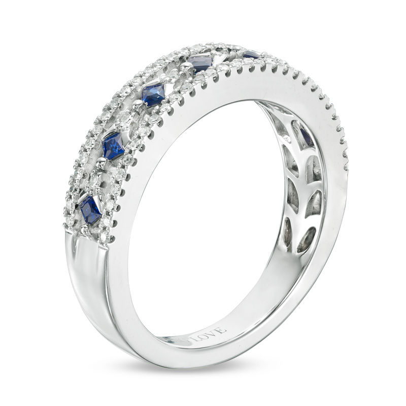 Vera Wang Love Collection Princess-Cut Blue Sapphire and 0.18 CT. T.W. Diamond Band in 14K White Gold|Peoples Jewellers