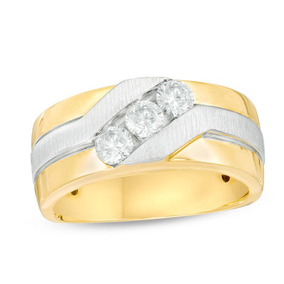 Men's 0.75 CT. T.W. Diamond Three Stone Slant Ring in 10K Two-Tone Gold