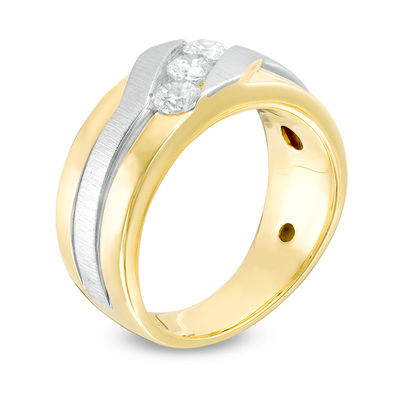 Men's 0.75 CT. T.W. Diamond Three Stone Slant Ring in 10K Two-Tone Gold