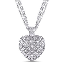0.98 CT. T.W. Diamond Three Strand Heart Pendant in Sterling Silver - 17&quot;
