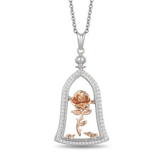 Enchanted Disney Belle 0.18 CT. T.W. Diamond Rose in Dome Pendant in Sterling Silver and 10K Rose Gold - 19"