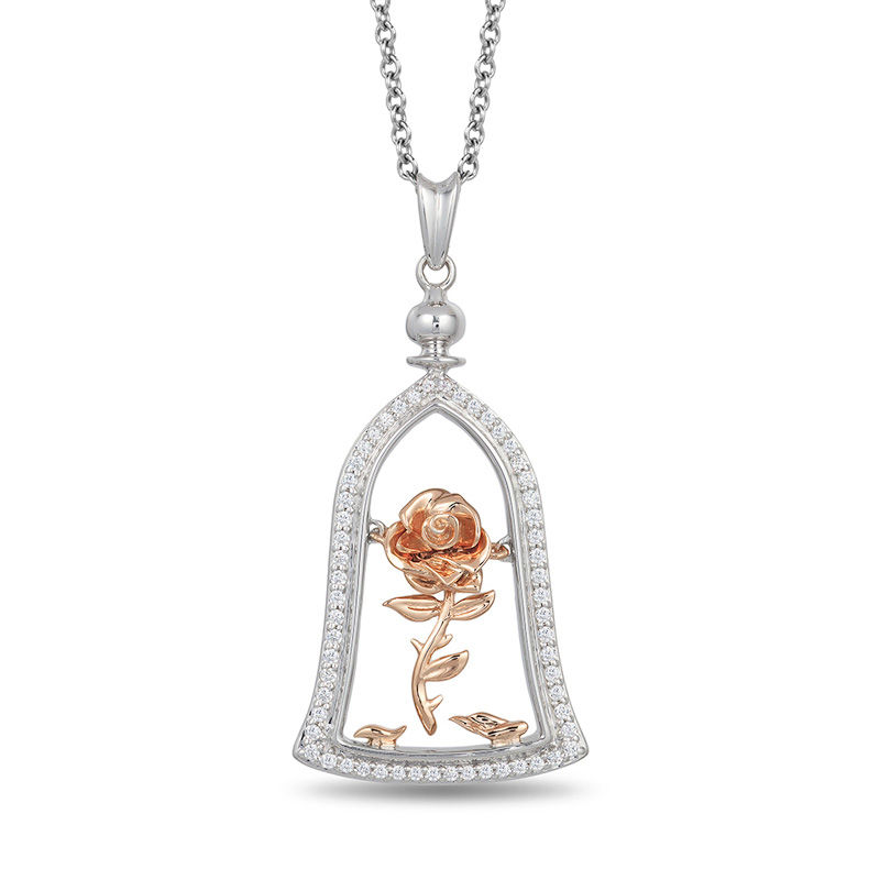 Enchanted Disney Belle 0.18 CT. T.W. Diamond Rose in Dome Pendant in Sterling Silver and 10K Rose Gold - 19"|Peoples Jewellers