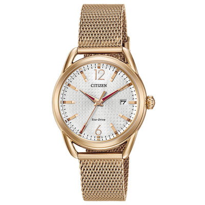 Ladies' Drive from Citizen Eco-Drive® LTR Rose-Tone Mesh Watch with Silver-Tone Dial (Model: FE6083-72A)