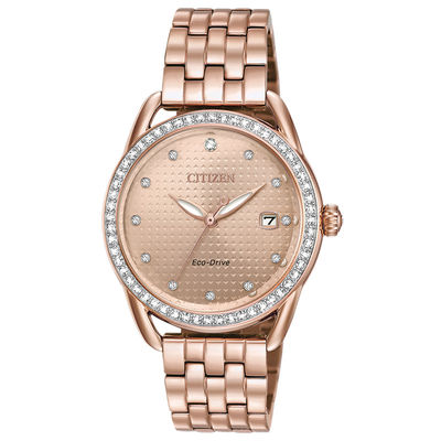 Ladies' Drive from Citizen Eco-Drive® Crystal Accent Rose-Tone Watch (Model: FE6113-57X)