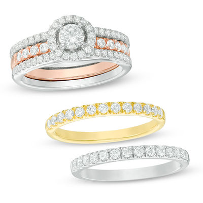 1.58 CT. T.W. Diamond Frame Four-Piece Bridal Set in 14K Tri-Tone Gold