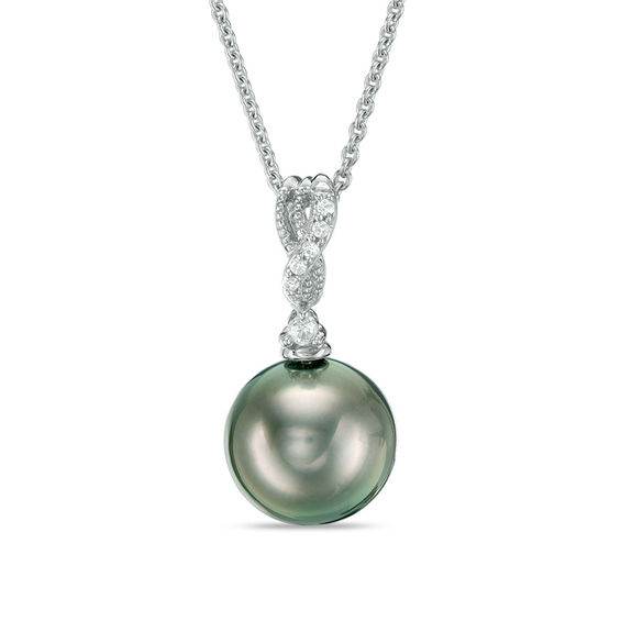 10.0mm Tahitian Cultured Pearl and Diamond Accent Vintage-Style Drop Pendant in 10K White Gold