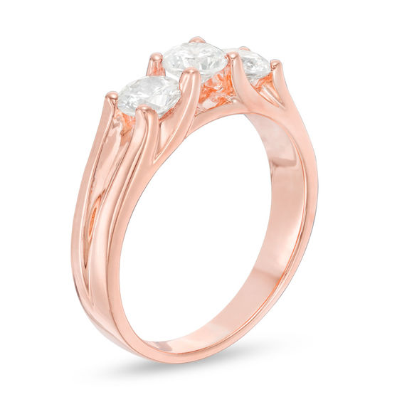 0.95 CT. T.W. Certified Canadian Diamond Three Stone Engagement Ring in 14K Rose Gold (I/I2)