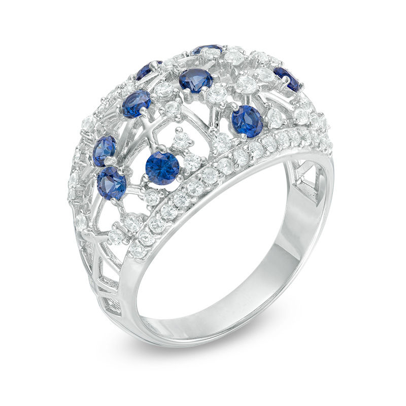 Lab-Created Blue and White Sapphire Lattice Dome Ring in Sterling Silver