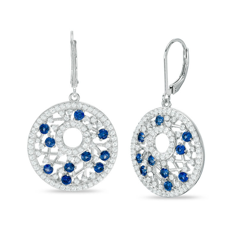 Lab-Created Blue and White Sapphire Lattice Circle Drop Earrings in Sterling Silver