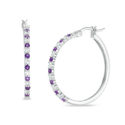 Amethyst and Lab-Created White Sapphire Alternating Small Hoop Earrings in Sterling Silver