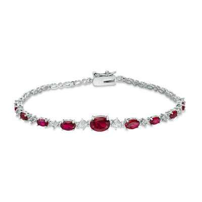 Oval Lab-Created Ruby and White Sapphire Alternating Bracelet in Sterling Silver - 7.25"