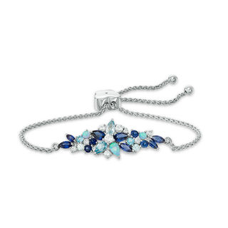 Blue Topaz, Lab-Created Blue Opal, Blue and White Sapphire Floral Bolo Bracelet in Sterling Silver - 9.0"