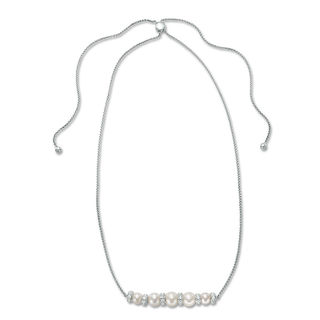 6.0-8.0mm Freshwater Cultured Pearl and Lab-Created White Sapphire Bolo Necklace in Sterling Silver-26"