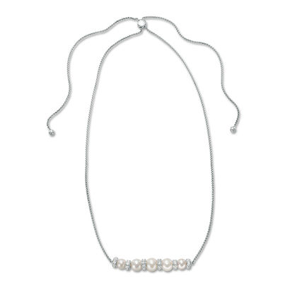 6.0-8.0mm Freshwater Cultured Pearl and Lab-Created White Sapphire Bolo Necklace in Sterling Silver-26"