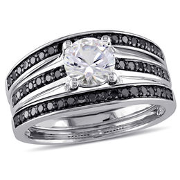 6.5mm Lab-Created White Sapphire and 0.52 CT. T.W. Black Diamond Three Piece Bridal Set in Sterling Silver