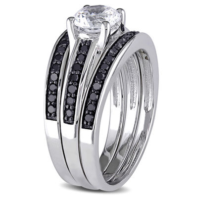 6.5mm Lab-Created White Sapphire and CT. T.W. Black Diamond Three Piece Bridal Set in Sterling Silver