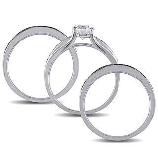 6.5mm Lab-Created White Sapphire and CT. T.W. Black Diamond Three Piece Bridal Set in Sterling Silver