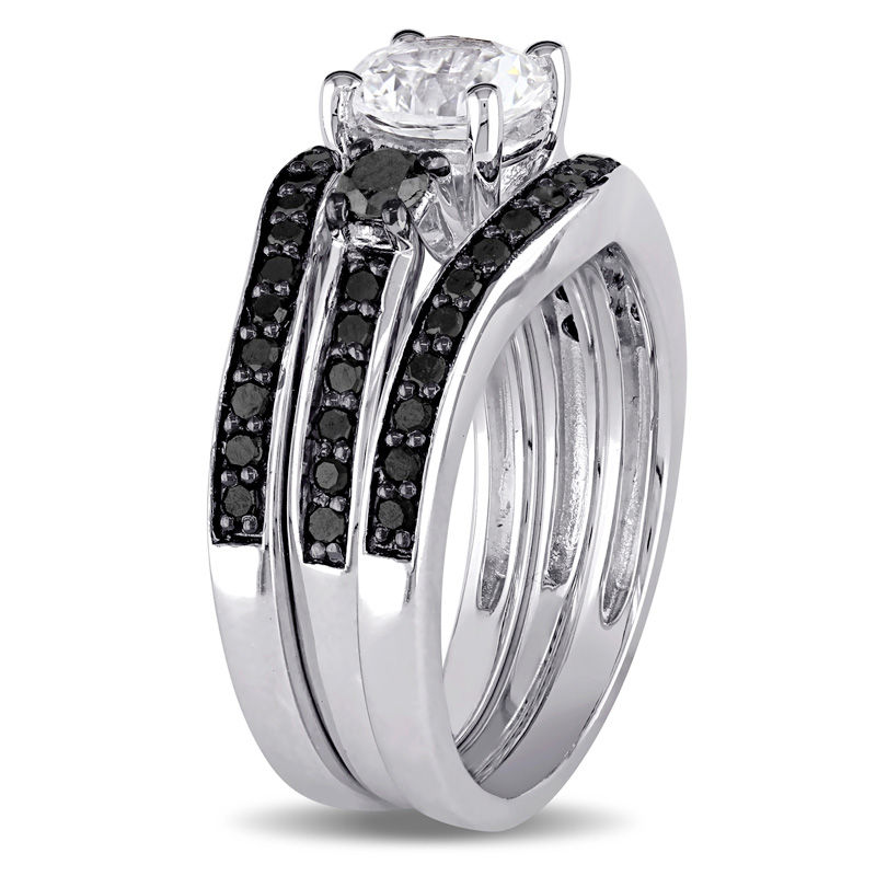 Main Image 2 of 6.5mm Lab-Created White Sapphire and 0.70 CT. T.W. Black Diamond Three Piece Bridal Set in Sterling Silver