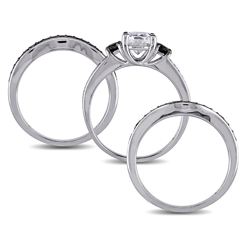 Main Image 3 of 6.5mm Lab-Created White Sapphire and 0.70 CT. T.W. Black Diamond Three Piece Bridal Set in Sterling Silver